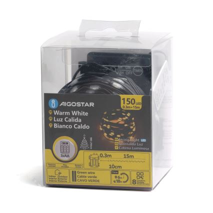 Aigostar -LED Lauko kalėdinė girlianda 150xLED/8 funkcijų 3xAA 15,3m IP44 šiltai balta