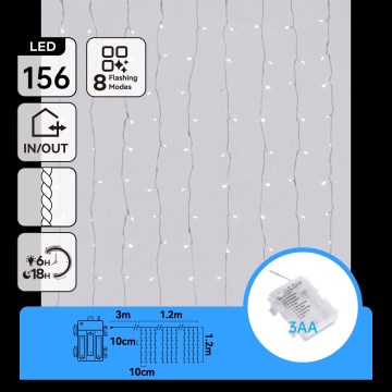 Aigostar - LED lauko kalėdinė girlianda 156xLED/8 funkcijų 3xAA 4,2x1,2m IP44 šaltai balta
