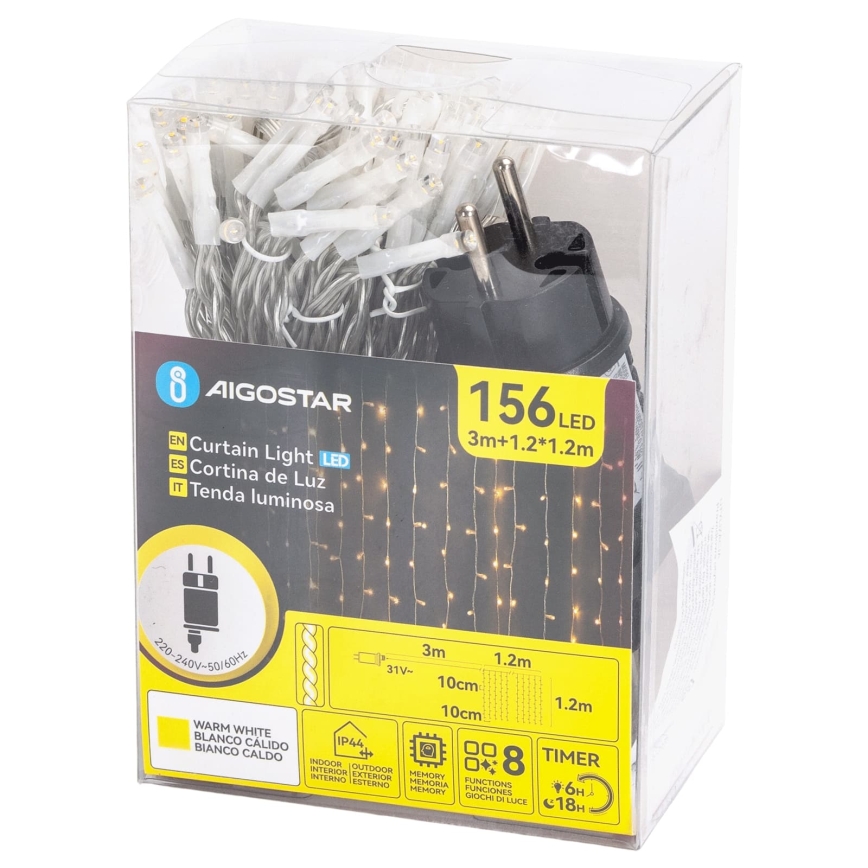Aigostar - LED lauko kalėdinė girlianda 156xLED/8 funkcijų 4,2x1,2m IP44 šiltai balta