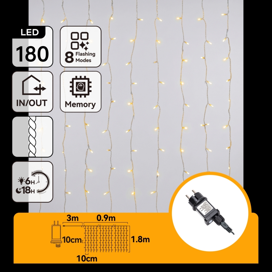 Aigostar - LED lauko kalėdinė girlianda 180xLED/8 funkcijos 3,9x1,8m IP44 šilta balta