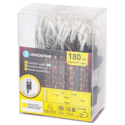 Aigostar - LED lauko kalėdinė girlianda 180xLED/8 funkcijos 3,9x1,8m IP44 šilta balta