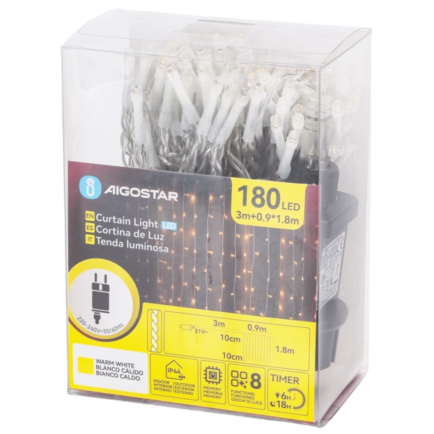 Aigostar - LED lauko kalėdinė girlianda 180xLED/8 funkcijos 3,9x1,8m IP44 šilta balta