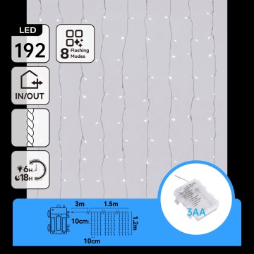 Aigostar - LED lauko kalėdinė girlianda 192xLED/8 funkcijų 3xAA 4,5x1,2m IP44 šaltai balta