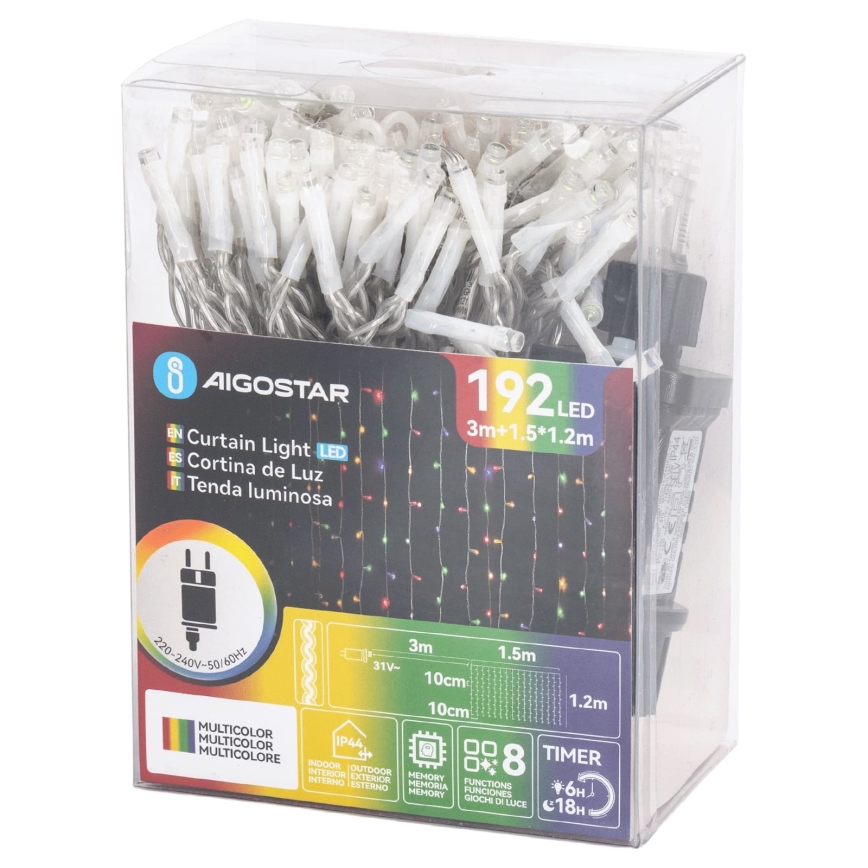 Aigostar - LED lauko kalėdinė girlianda 192xLED/8 funkcijų 4,5x1,2m IP44 daugiaspalvė