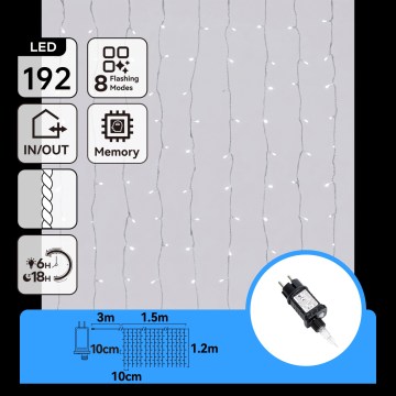 Aigostar - LED Lauko kalėdinė girlianda 192xLED/8 funkcijų 4,5x1,2m IP44 šaltai balta
