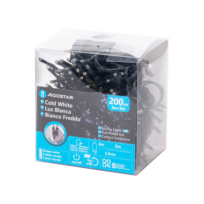 Aigostar – LED lauko kalėdinė girlianda, 200 LED, 8 apšvietimo režimai, 8 m, IP44, šaltai balta