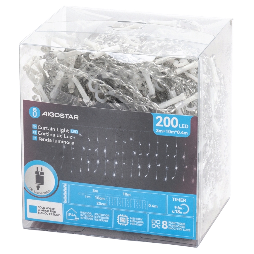 Aigostar - LED lauko girlianda 200xLED/3,6W/230V/8 funkcijų 10x0,4m IP44 šaltai balta