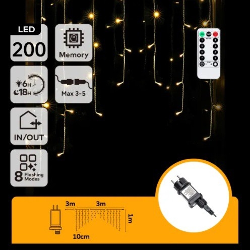Aigostar - LED lauko Kalėdinė girlianda 200xLED/6W/230V/8 funkcijų 3x1m IP44 šilta balta + nuotolinis valdymas