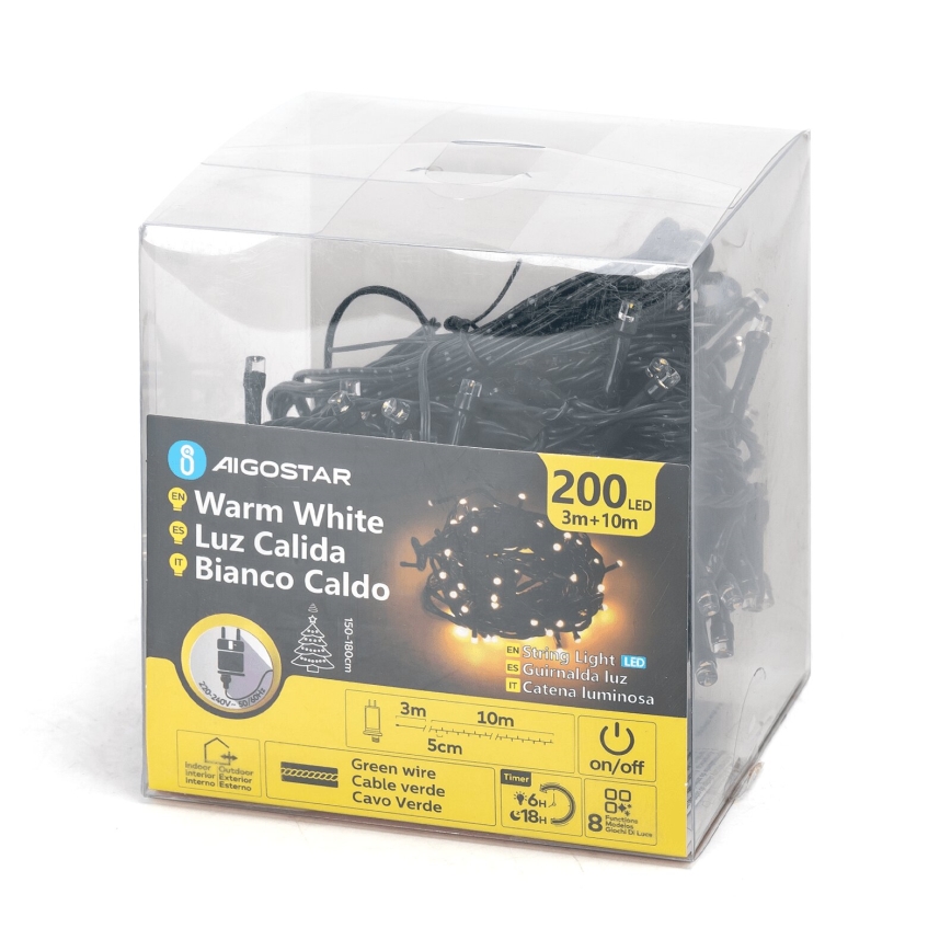 Aigostar - LED Lauko Kalėdinė girlianda 200xLED/8 funkcijos 13m IP44 šilta balta