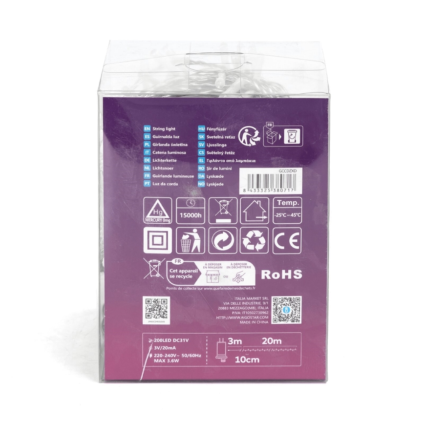 Aigostar - LED Lauko Kalėdinė girlianda 200xLED/8 funkcijos 23m IP44 šalta balta