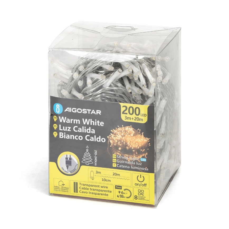Aigostar - LED Lauko Kalėdinė girlianda 200xLED/8 funkcijos 23m IP44 šilta balta