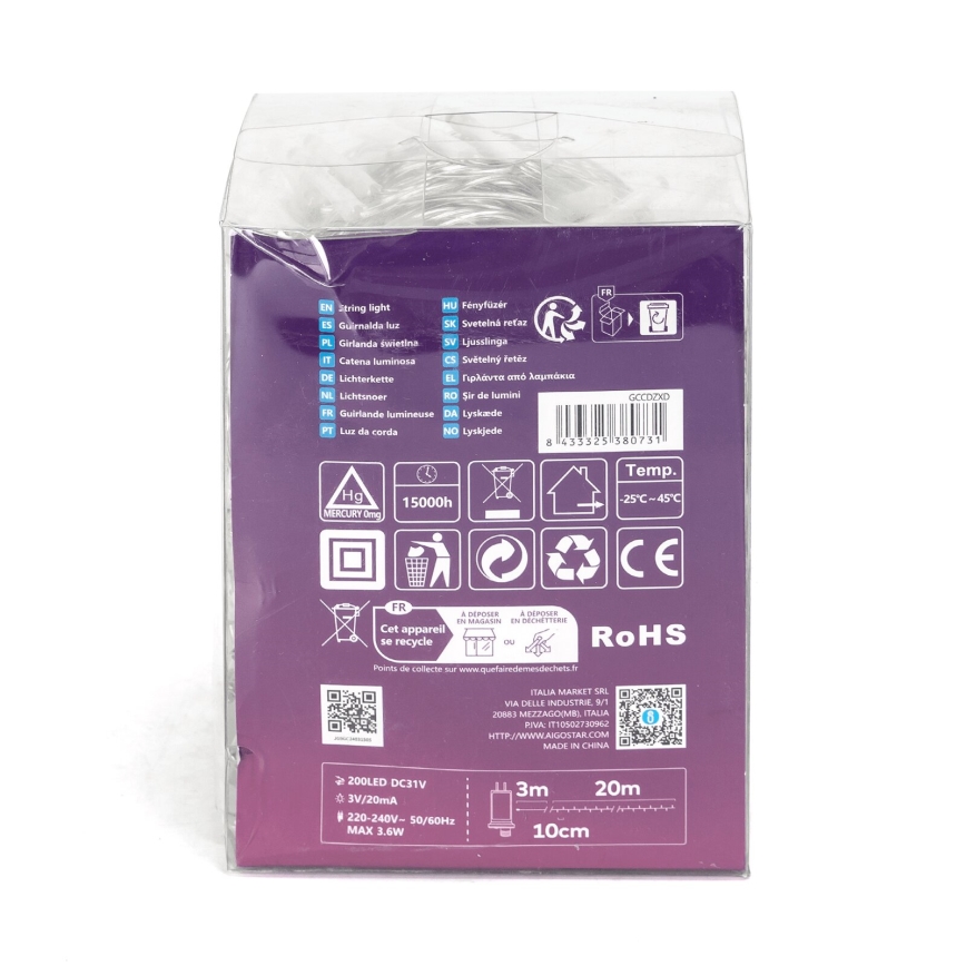 Aigostar - LED Lauko Kalėdinė girlianda 200xLED/8 funkcijos 23m IP44 šilta balta