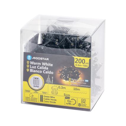 Aigostar - LED Lauko Kalėdinė girlianda 200xLED/8 funkcijos 3xAA 10,3m IP44 šilta balta