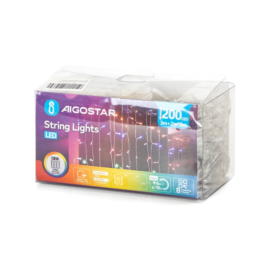 Aigostar - LED Lauko Kalėdinė girlianda 200xLED/8 funkcijos 3xAA 5x2m IP44 daugiaspalvis