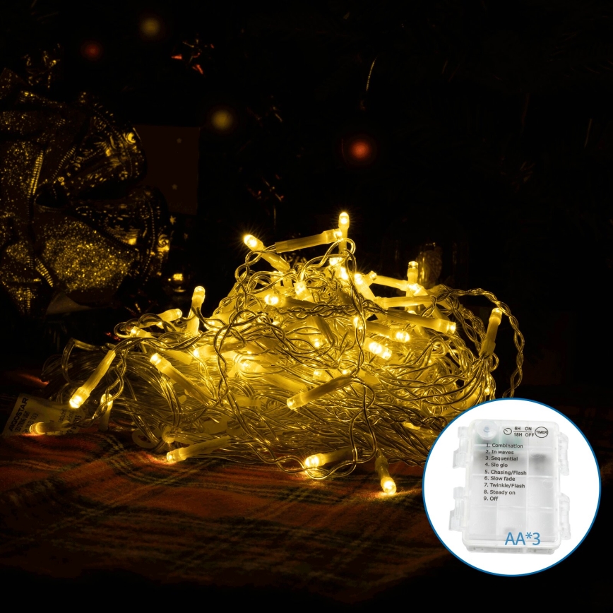 Aigostar-LED Lauko Kalėdinė girlianda 200xLED/8 funkcijos 3xAA 6x1,5m IP44 šilta balta