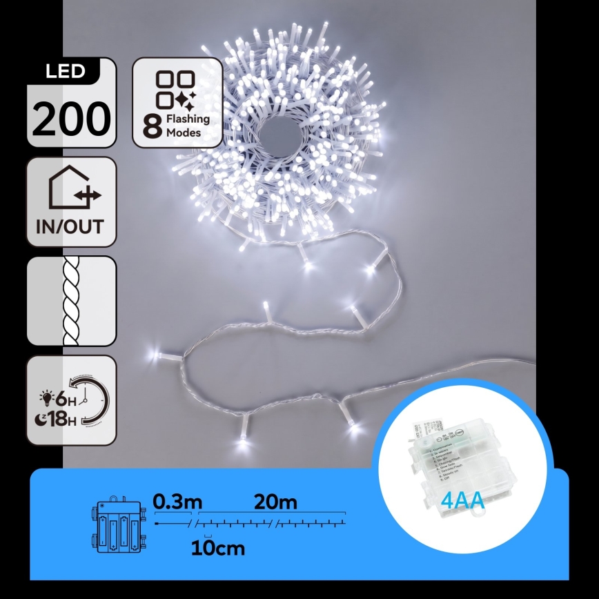Aigostar - LED Lauko kalėdinė girlianda 200xLED/8 funkcijos 4xAA 20m IP44 šaltai balta