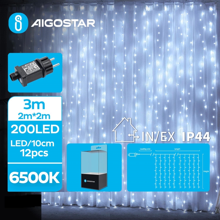 Aigostar - LED Lauko Kalėdinė girlianda 200xLED/8 funkcijos 5x2m IP44 šalta balta