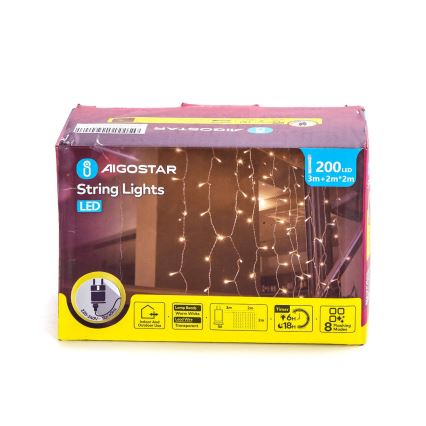 Aigostar - LED Lauko Kalėdinė girlianda 200xLED/8 funkcijos 5x2m IP44 šilta balta