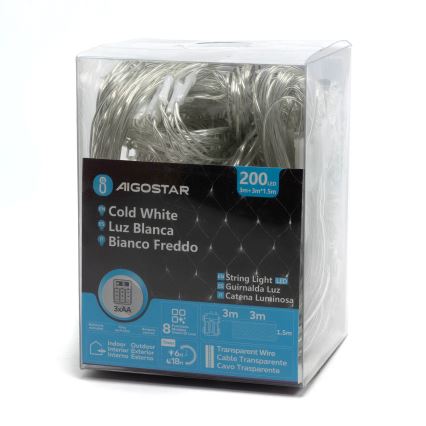 Aigostar - LED Lauko Kalėdinė girlianda 200xLED/8 funkcijos 6x1,5m IP44 šalta balta
