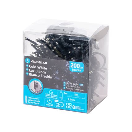 Aigostar - LED Lauko Kalėdinė girlianda 200xLED/8 funkcijos 8m IP44 šalta balta