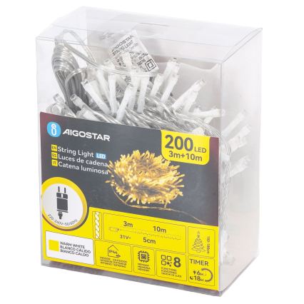 Aigostar - LED lauko kalėdinė girlianda 200xLED/8 funkcijų 13m IP44 šiltai balta