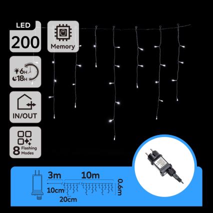 Aigostar - LED Lauko kalėdinė girlianda 200xLED/8 funkcijų 13x0,6m IP44 šaltai balta