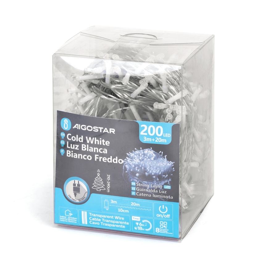 Aigostar - LED Lauko kalėdinė girlianda 200xLED/8 funkcijų 23m IP44 šalta balta