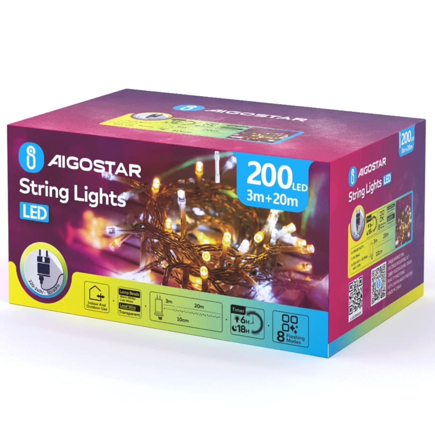 Aigostar - LED lauko kalėdinė girlianda 200xLED/8 funkcijų 23m IP44 šiltai balta/šaltai balta