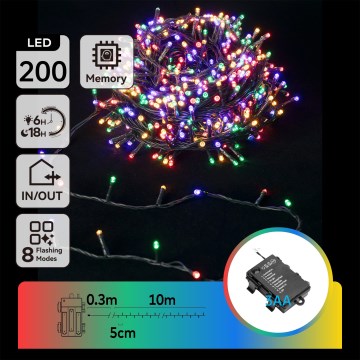 Aigostar -LED Lauko kalėdinė girlianda 200xLED/8 funkcijų 3xAA 10,3m IP44 įvairiaspalvė