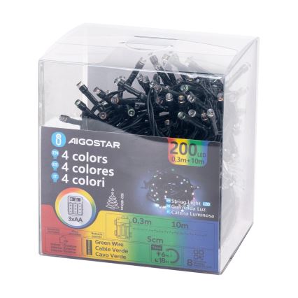 Aigostar -LED Lauko kalėdinė girlianda 200xLED/8 funkcijų 3xAA 10,3m IP44 įvairiaspalvė