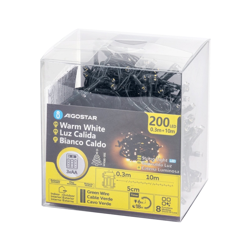 Aigostar - LED lauko kalėdinė girlianda 200xLED/8 funkcijų 3xAA 10,3m IP44 šiltai balta