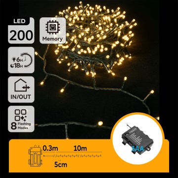 Aigostar - LED lauko kalėdinė girlianda 200xLED/8 funkcijų 3xAA 10,3m IP44 šiltai balta