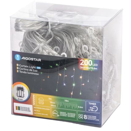 Aigostar - LED lauko kalėdinė girlianda 200xLED/8 režimai 3xAA 13x0,6 m IP44 įvairiaspalvė