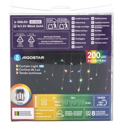 Aigostar - LED lauko kalėdinė girlianda 200xLED/8 režimai 3xAA 13x0,6 m IP44 įvairiaspalvė