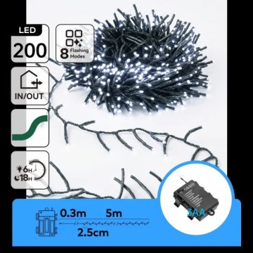 Aigostar - LED lauko kalėdinė girlianda 200xLED/8 funkcijų 3xAA 5,3 m IP44 šaltai balta