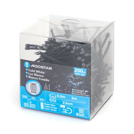 Aigostar - LED lauko kalėdinė girlianda 200xLED/8 funkcijų 3xAA 5,3 m IP44 šaltai balta