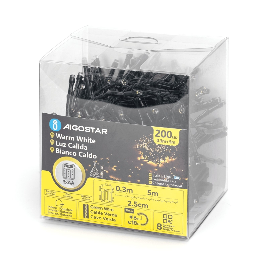 Aigostar - LED lauko kalėdinė girlianda 200xLED/8 funkcijų 3xAA 5,3m IP44 šiltai balta