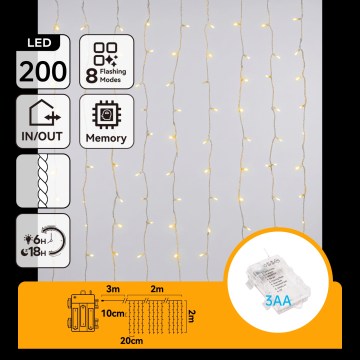 Aigostar - LED Lauko kalėdinė girlianda 200xLED/8 funkcijų 3xAA 5x2m IP44 šilta balta