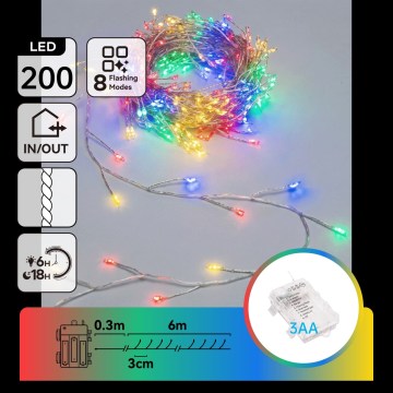 Aigostar - LED lauko kalėdinė girlianda 200xLED/8 funkcijų 3xAA 6,3m IP44 įvairiaspalvė