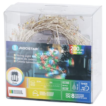 Aigostar - LED lauko kalėdinė girlianda 200xLED/8 funkcijų 3xAA 6,3m IP44 įvairiaspalvė