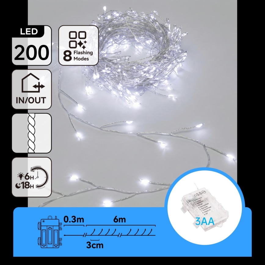 Aigostar - LED lauko kalėdinė girlianda 200xLED/8 funkcijų 3xAA 6,3m IP44 šaltai balta