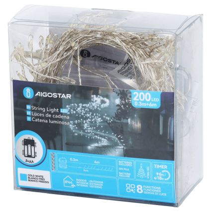 Aigostar - LED lauko kalėdinė girlianda 200xLED/8 funkcijų 3xAA 6,3m IP44 šaltai balta
