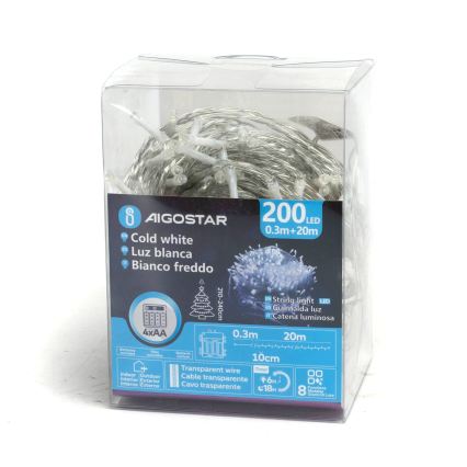 Aigostar - LED Lauko kalėdinė girlianda 200xLED/8 funkcijos 4xAA 20m IP44 šaltai balta
