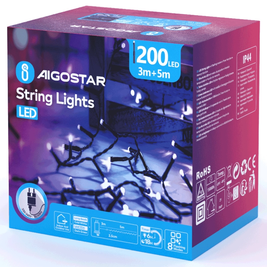 Aigostar - LED Lauko kalėdinė girlianda 200xLED/8 funkcijų 8m IP44 šaltai balta