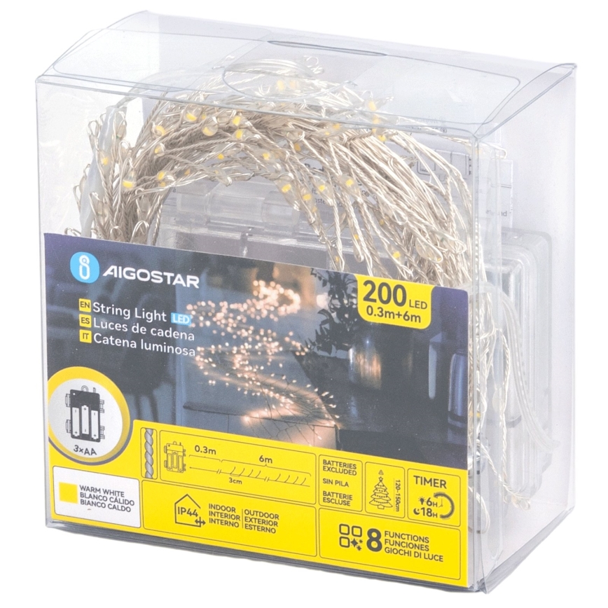 Aigostar - LED lauko kalėdinė girlianda 200xLED/8 režimų 3xAA 6,3m IP44 šiltai balta