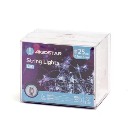 Aigostar - Lauko LED girlianda 25xLED/8 funkcijų 3xAA 2,5 m IP44 šaltai balta