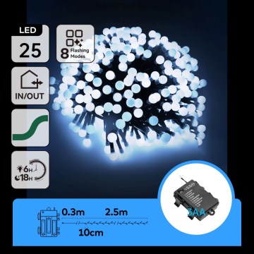 Aigostar - LED lauko kalėdinė girlianda, 25 LED / 8 režimų, 3×AA, 2,8 m, IP44, šaltai balta