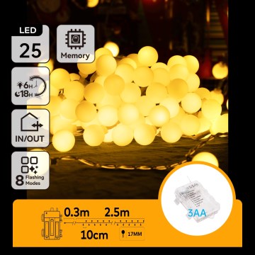 Aigostar-LED Lauko kalėdinė girlianda 25xLED/3xAA/8 funkcijų 2,8 m IP44 šiltai balta