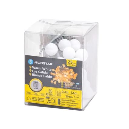 Aigostar-LED Lauko kalėdinė girlianda 25xLED/3xAA/8 funkcijų 2,8 m IP44 šiltai balta
