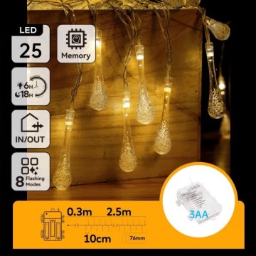 Aigostar - LED lauko kalėdinė girlianda 25xLED/8 funkcijų 3xAA 2,5 m IP44 šiltai balta lašai